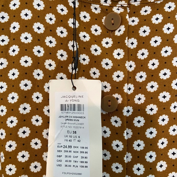 NWT Jacqueline De Yong Highneck Dress Golden Brown/Flower Size 6 - Picture 1 of 6